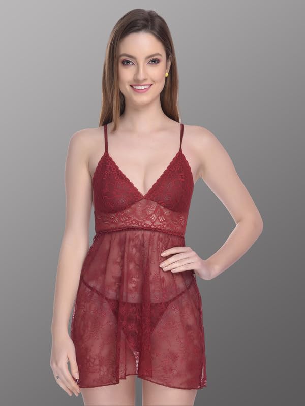 Image of Women Soft Lace Net Above Knee Babydoll Nightwear Dress with Panty S to 3XL