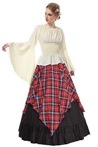 ROLECOS Renaissance Costume Women Medieval Peasant Dress Trumpet Sleeve Victorian Ren Faire Shirt and Skirt Red Plaid XL