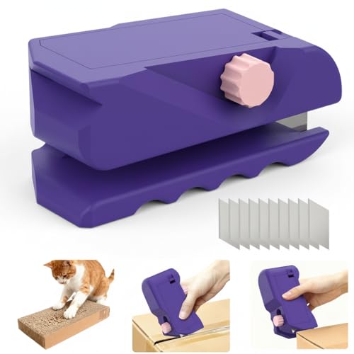 Cardboard Cutter for Cat Scratchers with 10pcs Blade 4-in-1 Box Cutter 3D Printed Cardboard Strip Cutter DIY cat scratchers Cutter Tool for Cat Lovers (Purple)