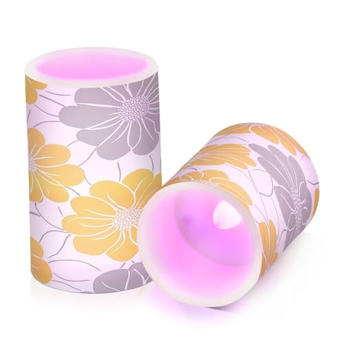 Image of Yellow Gray Flowers Flickering Flameless Candles LED Battery Operated with Remote Timer Pillar Candles for Home Birthday Wedding Christmas Decor, Set of 2