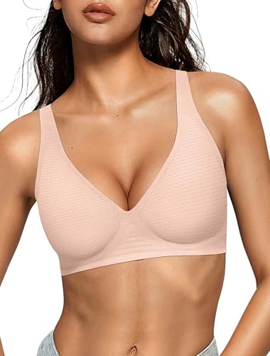 OEAK Womens Deep V Bras Wireless Comfortable Bra Supportive No Underwire Bras Tshirt Push Up Bralettes Plunge Seamless Bra Cool Nude L
