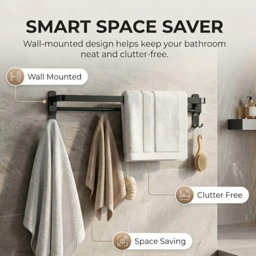 Image of Well Set Stainless Steel Foldable Towel Rack for Bathroom | Wall Mounted Towel Holder with Shelf | Durable Rust-Free Space Saving Bathroom Accessory (Black, Small)