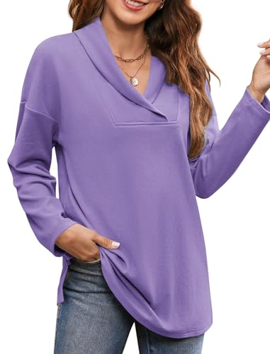 Image of Women's Long Sleeve Tops Fall Shawl Neck Tunic Tops for Leggings Casual Blouse Sweatshirt