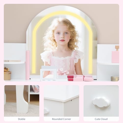 Garvee Kids Vanity with Lighted Mirror & Stool, Little Girls Vanity with Adjustable LED Light, Bookshelf, Storage Drawer & Shelves for Girls 3-9, White