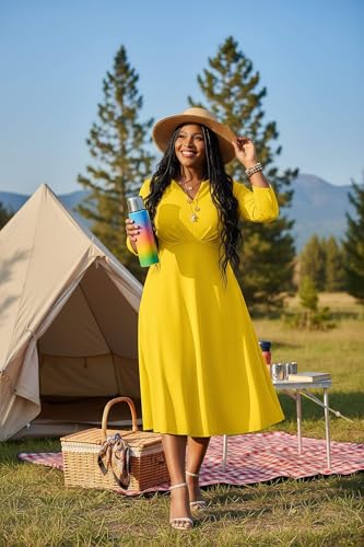 Image of Nmoder Women's Plus Size Stretchy Flared Wrap Dress Casual Wedding Guest Midi Dresses V Neck 3 /4 Sleeve A-Line Swing Dress