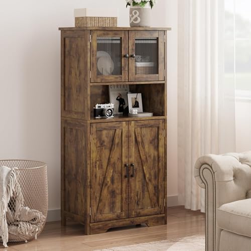 Litake 130cm Badezimmerschrank mit 4 Türen - Badezimmerschränke mit verstellbarem Einlegeboden, Badezimmerschrank mit 4 Fächer Hochschrank Badezimmer für Badezimmer Wohnzimmer Küche Esszimm (Braun)