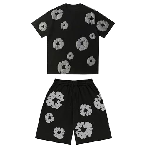Kinder Blumen T-Shirt und Shorts Set 2 Teiliges Sommer Trainingsanzug Jogginganzug Y2K Tracksuit Set Streetwear Kurzarm T-Shirts und Kurze Hose Jungen Sportanzug Outfits (01-Sets -Black 11-12 Years)