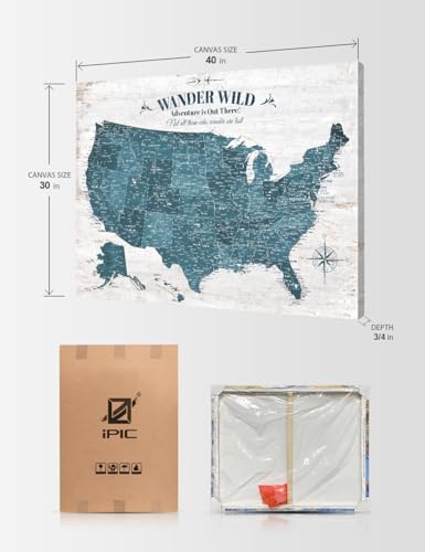 Image of IPIC - USA Push Pin Travel Map on Canvas, Large Wall Art of US Map for Travel Tracking, Modern USA Maps for Wall Decor to Mark Places Traveled, Gift for Travelers, Made in USA