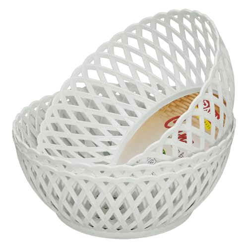 Image of RATAN PLASTICWARE Cane Large Plastic Storage Basket for Fruits, Vegetables & Snacks - Decorative Woven Design for Kitchen, Dining Table & Home Use I Pack of 3 - off white