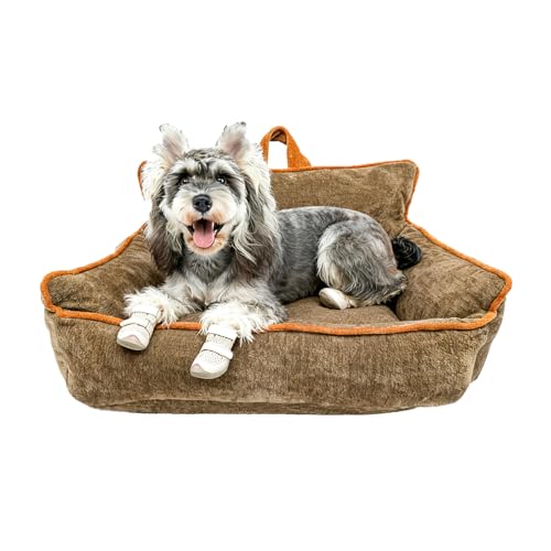Orthopedic Dog Bed with Memory Foam & Bolster, Small and Medium Pet Bed for Cats and Dogs, Supportive Sofa with Storage Pocket & Carry Handle, Removable Washable Cover (Brown)