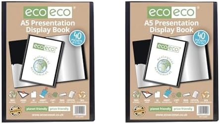 eco-eco A4 Size 50% Recycled 80 Pocket Black Presentation Display Book, Storage Case Portfolio Art Folder with Plastic Sleeves