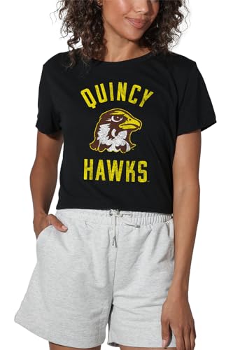 Quincy University Official Hawks Logo Women's Crop Top T-Shirt, Black, Large