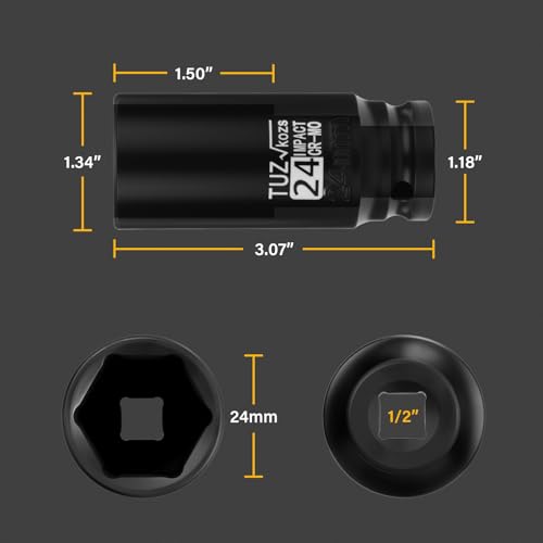 Image of 1 /2 Inch Drive 24mm Deep Metric Impact Socket,CR-MO,6 Point Radius Corner Design,Square Chamfered Opening,Axle Nut Impact Grade Socket for Easy Removal
