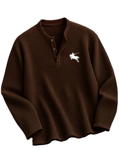 Buy AUSK Men's Waffle Texture Henley T-Shirt | Full Sleeve Solid T Shirt with Button Neck Details | Regular Fit Casual Wear Tshirt for Mens Brown at Amazon.in - Image 2