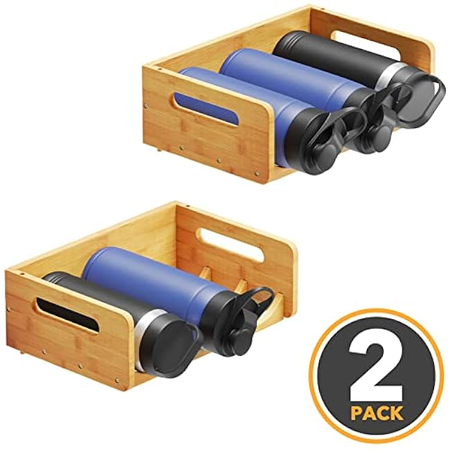 SpaceAid Bamboo Water Bottle Organizer with Labels for Kitchen and Pantry, Storage Rack for Cabinets, Home Cup and Wine Bottle Holder Shelf Organizers, 2 Pack 3-Slot, Hold 6 Bottles