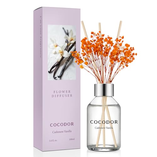 Image of COCODOR Flower Reed Diffuser Set / 3.4oz / Cashmere Vanilla /Scent Diffuser with Sticks Home Fragrance Reed Diffuser for Bathroom Shelf Decor