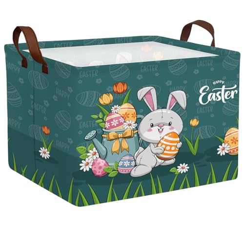 Image of Large Cute Easter Basket for Kid Empty Gift Baby Rectangle Storage Bin Bunny Eggs Boy&Girl Room Decor (Rabbit Blue)