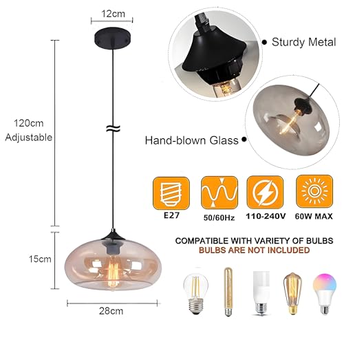 HJXDtech Pendant Light with 28cm Glass Lampsahde, Industrial Vintage Loft Bar E27 Ceiling Hanging Lamp for Kitchen, Dining &Living Room (Brown) - Cosy Home Interiors HJXDtech Pendant Light with 28cm Glass Lampsahde, Industrial Vintage Loft Bar E27 Ceiling Hanging Lamp for Kitchen, Dining &Living Room (Brown) - Image 3