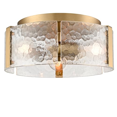 CLAXY Modern Gold Ceiling Light,3-Light Flush Mount Fixture with Hand-Crafted Textured Glass Drum Shade Dimmable Ceiling Lights for Hallway Foyer Entryway Bedroom Kitchen Dining Room Living Room