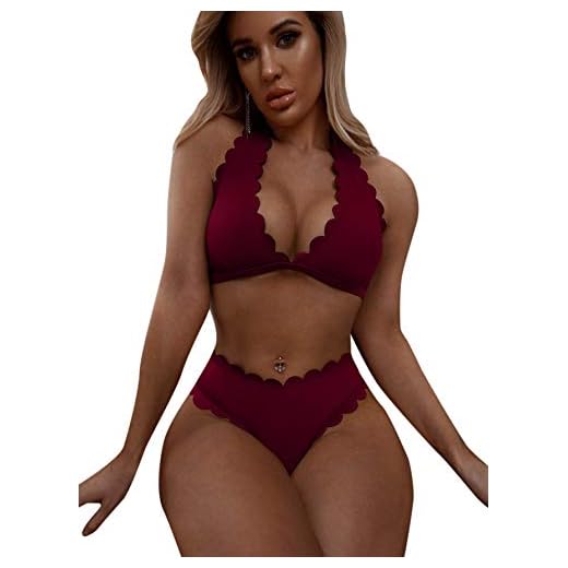 MakeMeChic Women's Scallop Trim Halter Top 2 Piece Swimwear Bikini Set Burgundy S