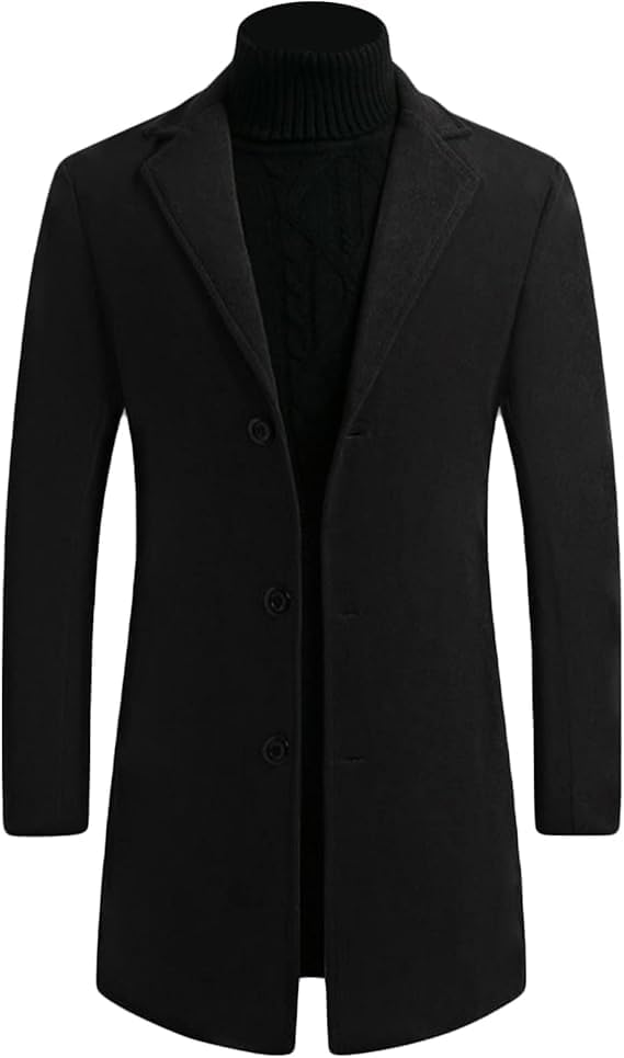 Wool Blend Trench Coat for Mens Notched Collar Single Breasted Wool Blend Pea Coat Casual Cotton Blend Peacoat