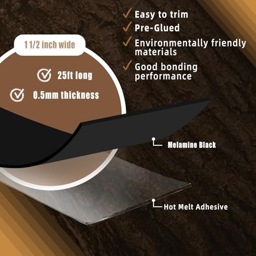 Image of GSCIT Club Black Melamine Edge Banding, 1 1 /2 inch x 25ft Edge Banding with Hot Melt Adhesive Pre-glued Cabinet Edge Banding Flexible Black Veneer Edging for Plywood