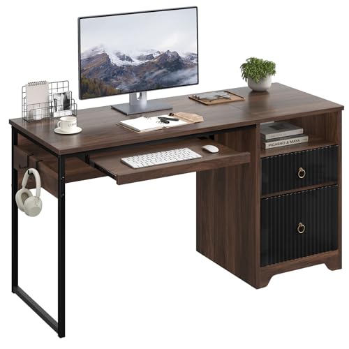 Bestier 55 Inch Computer Desk with Keyboard Tray, Modern Office Desk with Storage, Wood Writing Desk with File Drawer, Fluted Panel & 2 Hooks for Home Office & Studio, Cherry