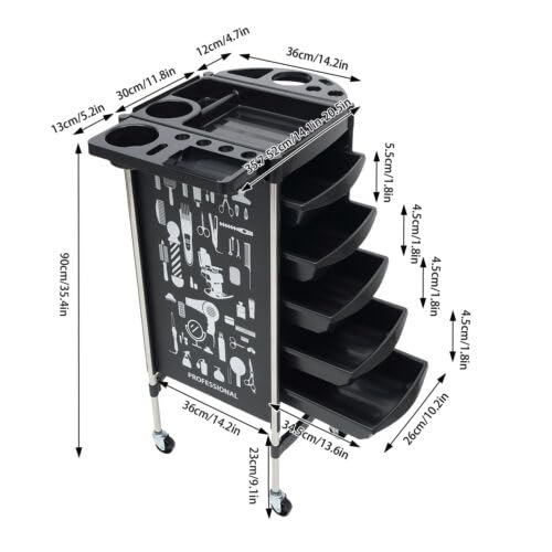 Carrello per Parrucchiere – Carrello portaoggetti con Ruote per Spa con 5 cassetti per Strumenti di Bellezza – Attrezzatura per la colorazione dei Capelli per Barbiere su Ruote – Design prat