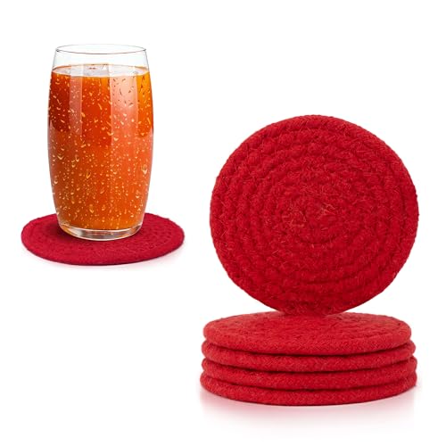 Image of Encasa XO Drink Coasters Set of 6 | Red with Round (9 cm) | Handcrafted Ribbed Cotton | Absorbent & Heat-Resistant | Use for Tea, Coffee Table & Desk