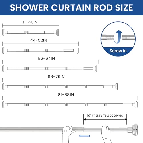 Image of Tension Shower Curtain Rod Shower Pole 30-76 Inch No Drilling Adjustable Spring Tension Rod Curtain Rod for Bathroom Window or Closet Easy Install Stainless Steel Anti-Slip Silver