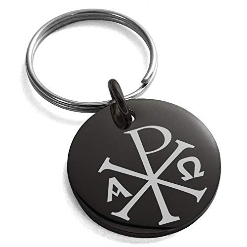 Stainless Steel Chi Rho Alpha Omega Symbol Small Medallion Circle Charm Keychain Keyring - Main Image