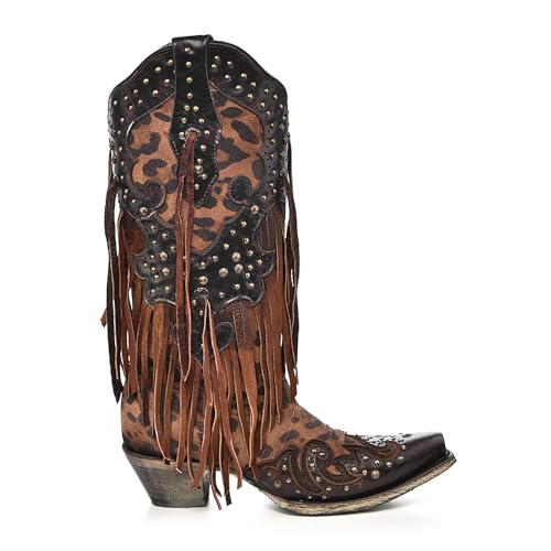 Image of Corral Boots Women's Handcrafted Western Boots | Snip Toe Cowboy Boots with Leopard Print, Fringe and Stud Details