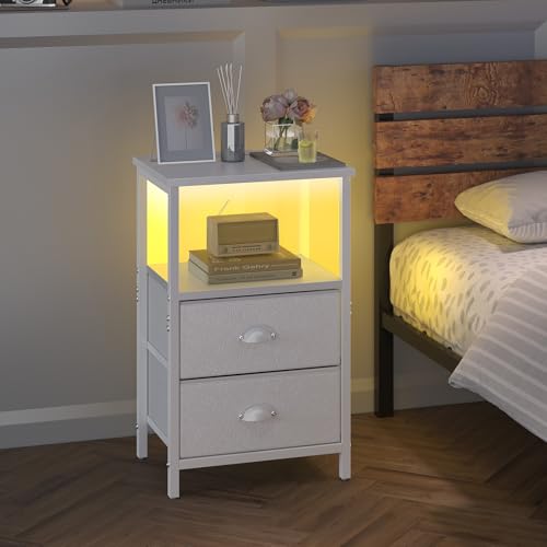 Image of sthmec Nightstand with Charging Station, LED Night Stand with 2 Fabric Drawers PU Finish, Bedside Table End Table with LED Light, 3-Tier Storage Side Table Nightstand with Drawers for Bedroom,White