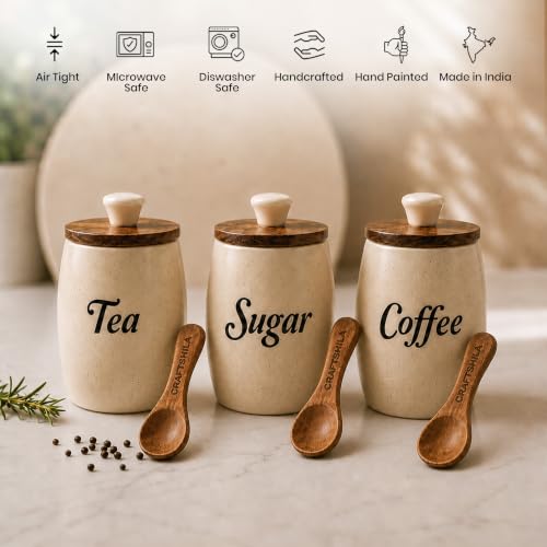 Image of Ceramic Tea Coffee Sugar Containers Set of 3 with Wooden Spoons & Lids | Jar & Container for Kitchen Storage Set | Multi Utility Air Tight Kitchen Organizer Items (Hand-Painted, 400 ML)