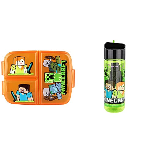 p:os Minecraft Set für Kinder: Brotdose mit 3 Fächern & Trinkflasche 540 ml mit integriertem Strohhalm