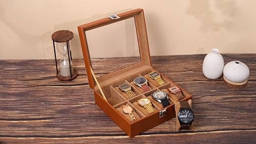 Image of Leather World Faux Leather Watch Box Organizer For Men & Women - Wrist Watch Box Holder 8 Slots - Removable Pillows Display Case - Gift for Loved Ones - Tan