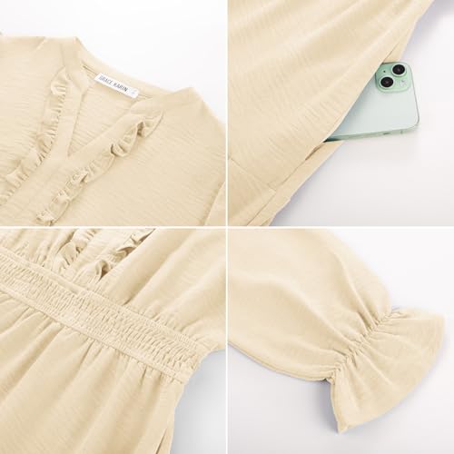 Image of GRACE KARIN Women's Casual V Neck Lantern Long Sleeve Ruffle Smocked Waist Tiered Midi A Line Dress with Pockets