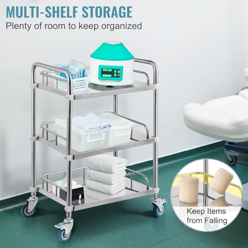 Vevor 3CCYSYSSTC Lab Rolling Cart, 3-Shelf Stainless Steel Rolling Cart, Lab Serving Cart With Swivel Casters, Dental Utility Cart thumb #2