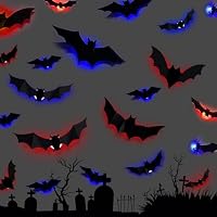 24 Stück LED Fledermaus Deko, Halloween Deko Innen, Halloween Hängende Fledermaus, 3D Fledermaus Wandaufkleber, Party deko Sticker, Leuchtende Bat Sticker für Wand Fenster Garten