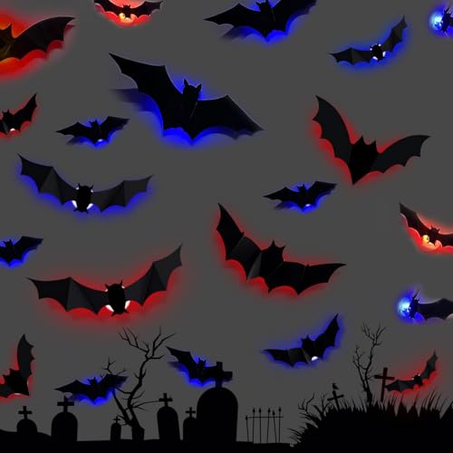 24 Stück LED Fledermaus Deko, Halloween Deko Innen, Halloween Hängende Fledermaus, 3D Fledermaus Wandaufkleber, Party deko Sticker, Leuchtende Bat Sticker für Wand Fenster Garten
