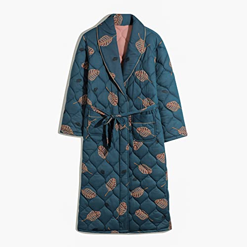 LIUZIXI Damen Bademantel Morgenmantel Roben - Lässige Dicke Dreilagige Stepp Morgenmantel Roben Warmes Blatt Printed Nachthemd Robe - Winter Langarm Pijamas Homewear,Grün,L Cover