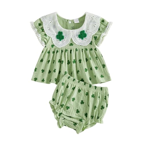 St Patricks Day Baby Girl Clothes Clover Ruffle Dress Shirt Tops Bloomer Shorts Set Infant Girl Clothes Summer Outfit (Green 12-18 Months)