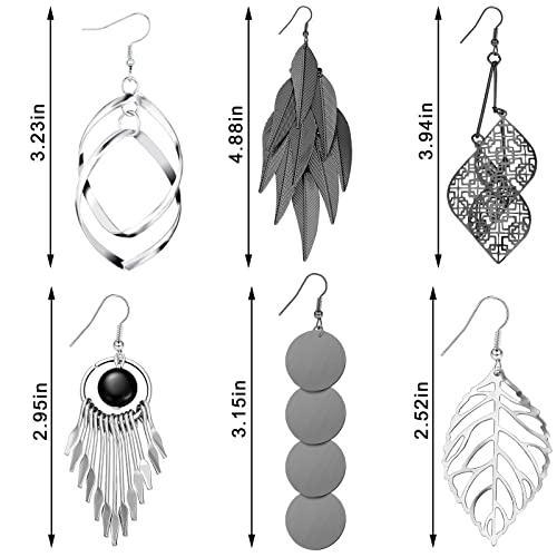 12 Pairs Drop Dangle Earrings Bohemian Long Earrings Vintage Statement Jewelry Holiday Gift for Women(Silver, Black)3