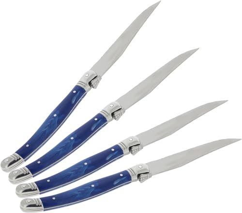 Comparison: Best French Steak Knives 3 French Home Laguiole 4-Piece Steak Knife Set – Sophisticated Stainless Steel Dinner Knives with Blue Marble Handles & Iconic Bee Emblem – Serrated Knives for Smooth Cutting (9.25")