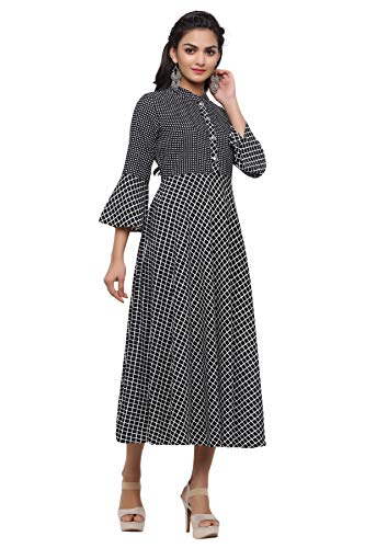 Image of JAPER KURTI Women'S Black & White Fit and Flare Anarkali Kurta with Geometric Print | Bell Sleeves & Mandarin Collar | Ethnic & Casual Wear