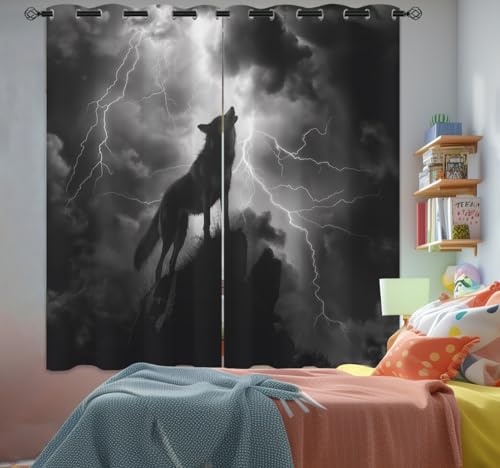 Wolf Blackout Curtains for Girls Boys Kids Teens Home Decor, Silhouette Wolf Howling to Thunderstorm Grommet Thermal Insulated Drapes Darkening Window Curtain for Bedroom Living Room, 42 x 63 Inch