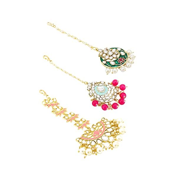 Yellow Chimes Combo of Traditional Gold Plated Studded Kundan Beads Design Ethnic Maang Tikka for Women and Girls - Image 5