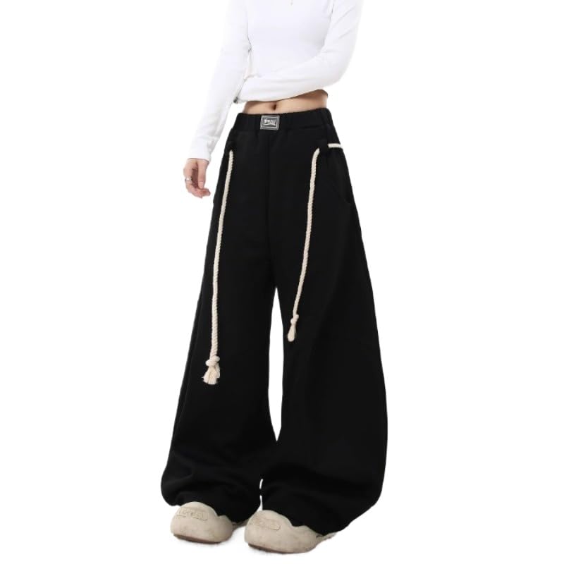 Women's Fashionable Woven Hemp Rope Waist Pants, Loose Wide Leg Lantern Pants, Front Pocket