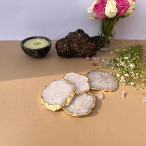 Image of Natural Agate Stone Tea Coasters Set | Premium Stone Coasters for Tea, Coffee & Glass | Heat Resistant Coasters for Dining Table, Office Desk & Home Decor | Pack of 4 | Color -White