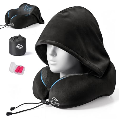 Image of SkytraxComf Travel Neck Pillow with Hood for Privacy on Long Flights | Memory Foam | Airplane Sleep | Safety-Tested Materials | Extra Large Hood | Chin Support | Earplugs | Washable Cover